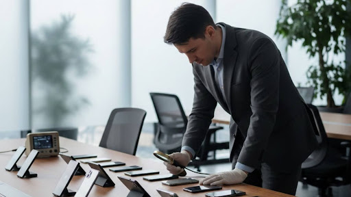 Man inspecting mobile phones on table.